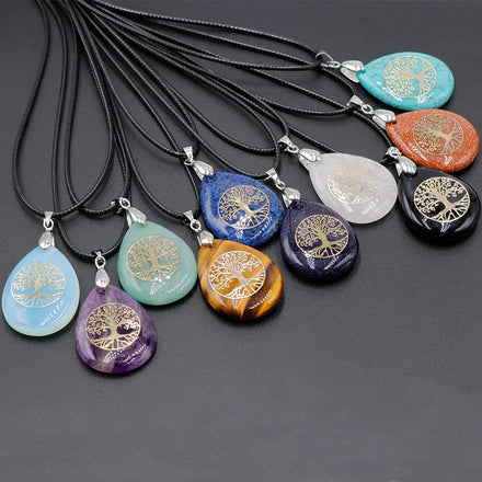 Bestone Women Christmas Gift Crystal Pendant Necklace Energy Healing Natural Stone Life Tree Teardrop Chakra Pendant Necklace