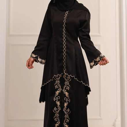 Abaya Dubai Turkey Muslim Fashion Hijab Dress O-neck Embroidery Decoration Elegant 2 Piece Dubai Abaya Set Soft Satin Kimono