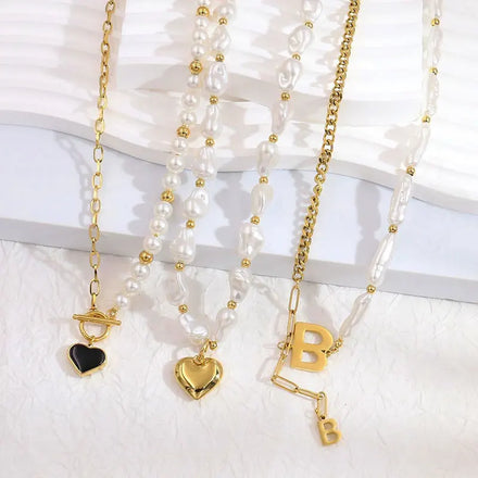 Luxury Exquisite 18K Gold Plated Stainless Steel Key and Lock Pearl Pendant Necklace Love Heart Cuban Chain Letter Necklace