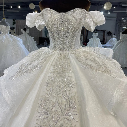 Jancember MN98-1 Luxury Ivory Heavy Beading Sequin Wedding Dresses With Long Train