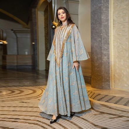 Abaya Women Muslim Dress Cheapest Stand Neck Long Sleeve Tassel Decoration Printed Dress Muslim Women Dress Beaded Shiny Abaya