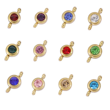 Fashion 18K Gold Plated Stainless Steel Birthstone Charm Tiny Zircon Flat Round CZ Birthstone Connector Charm for Jewelry Makin