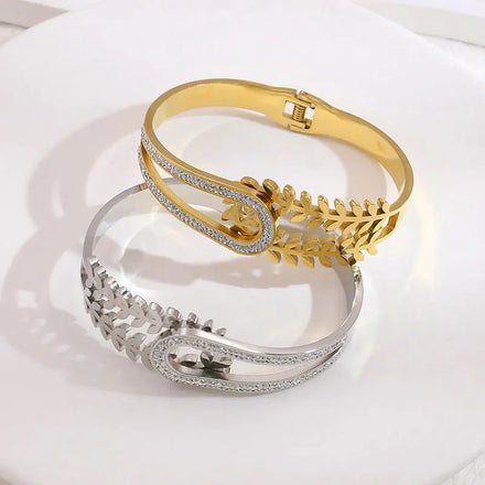 Tarnish Free 18K Gold Plated Irregular Leaf Stainless Steel Bangles Fashion Jewelry Hollow Rhinestone Bracelet & Bangle for Gift