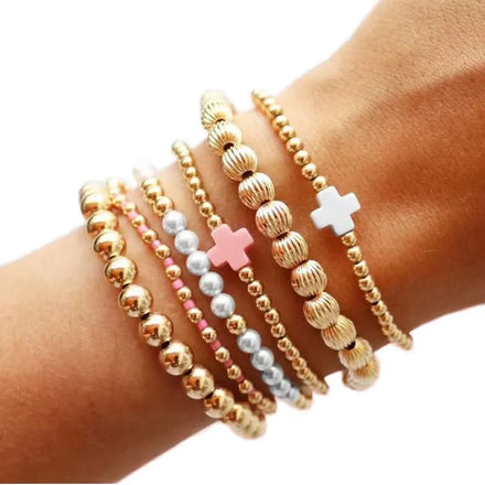 Waterproof Elastic String Cross Charms 18K Real Gold Plated Stainless Steel Ball Beads Bracelet Femme Jewlery for Women