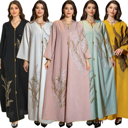 New Season Women Islamic Clothing Abaya Kaftan V-neck Printed Solid Color Muslim Spring Womens Dress Stylish Abaya Kaftan