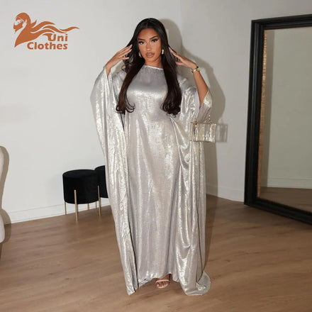 Fashion Kaftan Casual Muslim Dresses for Female Islam Clothing Modest Long Sleeve Abayas Bat Sleeve Silver Moroccan Saudi Kaftan