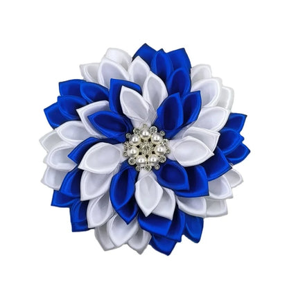 Blue & White Bow Tie Brooch/ Pin Blue White Fabric Ribbon Corsage