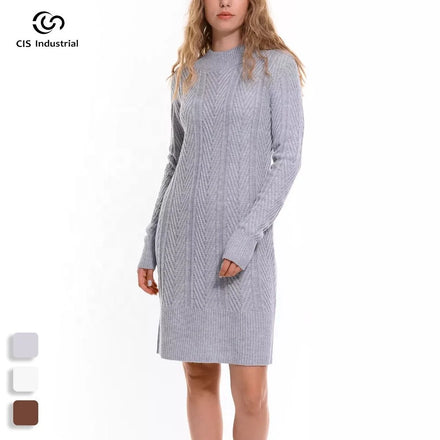 Women's Heavy Gauge Cable Knit Winter Sweater Dress Casual Midi Design with Front Logo Jacquard Graphic and Thermal Dress