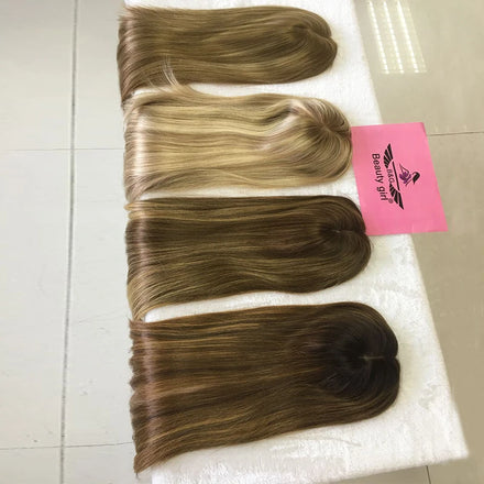 High Density Big Size Rooted Blonde Highlight Topper Invisible Balding Wigs Virgin Russian Hair Wig Toppers