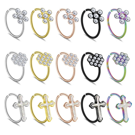 316L Surgical Steel Nose Rings Cross Heart Flower CZ Hoop Piercing Jewelry Multi-Color for Nose & Ear Cartilage
