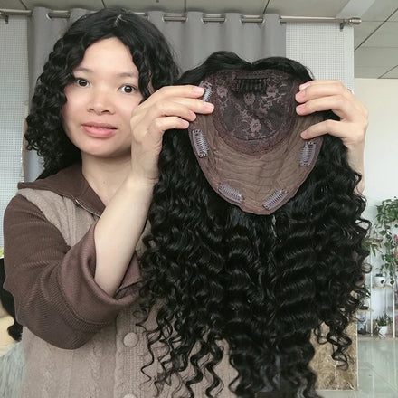 Beauty Girl Wholesale Natural Scalp Virgin Hair Replacement Natural Black Curly Silk Base Weft Human Hair Topper Women