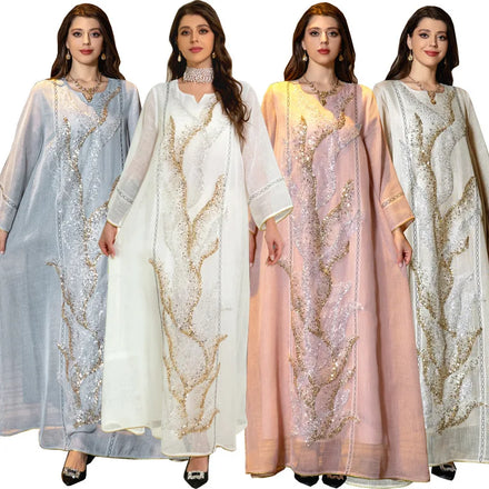 Abaya Saudi Arabia V-neck Solid Color Hollow Long Sleeves Sequin Decoration New Season Women Islamic Clothing Abaya Kaftan