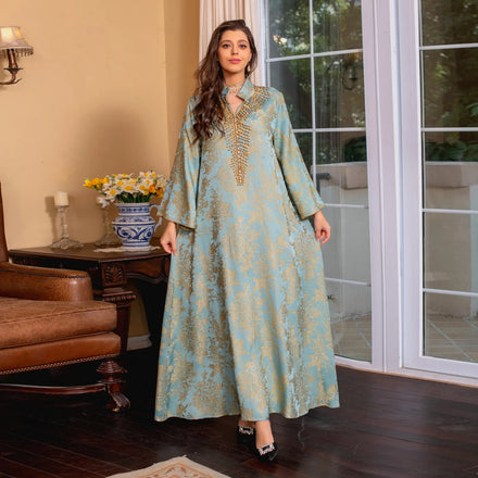 Muslim Abaya Robe Musulmane Cheap Muslim Abaya Long Sleeve V-neck Printed Pearl Decoration Women Abaya Dubai Islamic Clothing