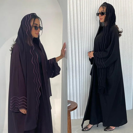 Best Selling Open Abaya Plus Size Black Embroidered Abaya With Headscarf Black Abaya Women Muslim Dress 2023 Dubai