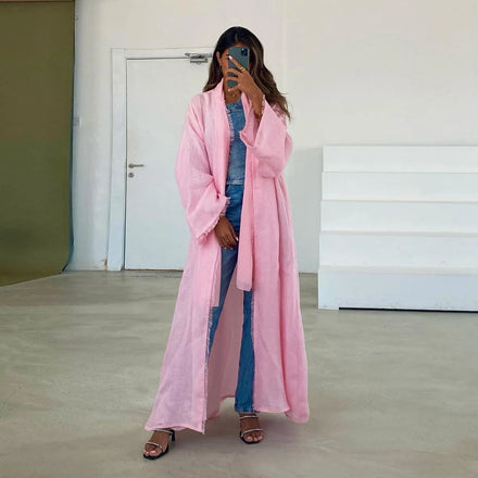 New Model Abaya in Dubai V-neck Long Sleeve pink Open Abaya Tassel Decoration Women Modest Abaya Muslim Dress for Ladies