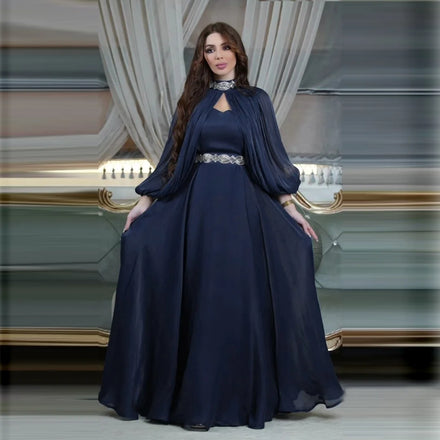 Abayas for Women Muslim Solid Color Stand Collar Shawl Long Sleeve Muslim Abaya Elegant Women's Maxi Dress