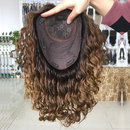 Alternative Hair Curly Wavy Human Hair Topper Silk Based Hand Tied Women Toupee Silk Base Jewish Hair Topper