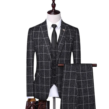 _ New Plaid Men Suits Single Breasted Business 3 Piece Navy Grey Formal Wedding Suits (Jacket+Vest+Pants)