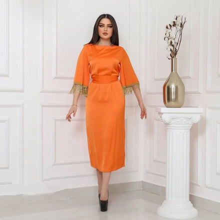 Turkish Abaya Wholesale square Neck Short Tassel Sleeve Solid Material Dress Islamic Clothing Abaya Dress Women