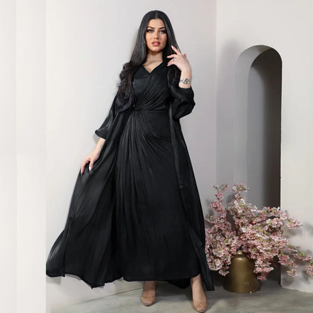 Abaya Frauen Muslimisches Kleid Solid Long Sleeve Pleated Modern Girls Abaya Elegant 2 Piece Dubai Abaya Set Soft Satin Kimono