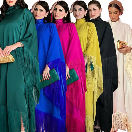 Abaya Femmes Robe Musulmane Solid Color Turtleneck Plus Size Tassel Sleeve Women Modest Abaya Muslim Dress for Ladies