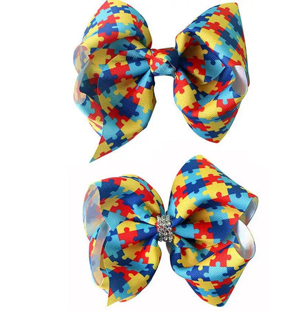6 Inch Ombre Ribbon Autism Awareness Puzzle Piece Girl Hair Decoration for Kids Party