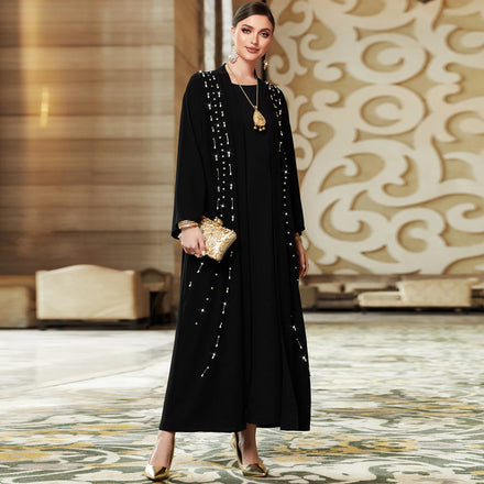 New Season Women Islamic Clothing Abaya Kaftan Long Sleeve V-neck Ladies Abaya Set Solid Color Black Open Abaya