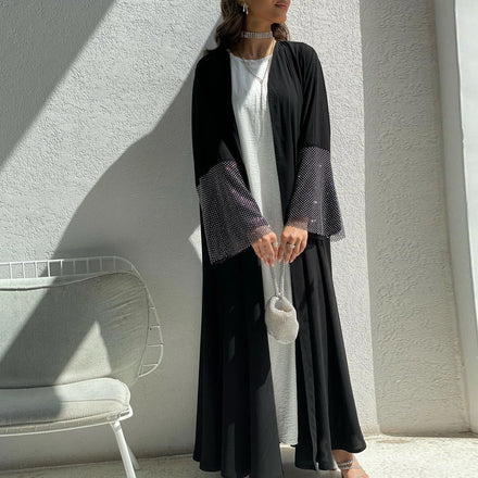 Abaya Women Muslim Dress Turkey Hot Selling Black Cardigan Stretch Mesh Robe Ladies Abaya Set Solid Color Black Open Abaya
