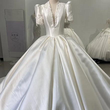 Jancember XS014 Simple Satin Short Sleeve Bridal Ball Gown Wedding Dresses