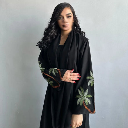 Open Abaya Dubai Embroidered Long Sleeves Solid Color Plus Size Cardigan Robe Women Modest Abaya Muslim Dress for Ladies