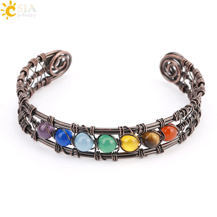 CSJA Gold Color Wire Wrapped Copper 7 Chakra Bracelets Natural Quartz Open Cuff Gemstone Bracelet Bangle for Men Women H311