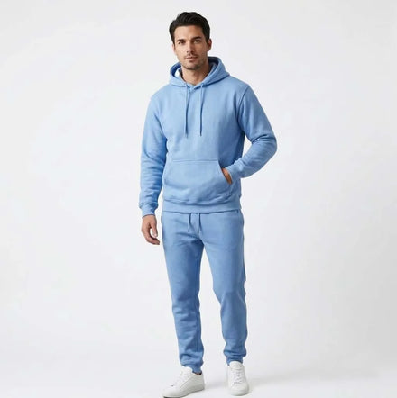 Men's Blue Hooded Solid Color 2-Piece Maternity 100% Cotton Four-Way Stretch Breathable Jogging Suit Outdoor Sweat Pant