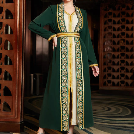 New Season Women Islamic Clothing Abaya Kaftan Long Sleeve Solid Color Gold Edge Traditional Muslim Clothing Accessories