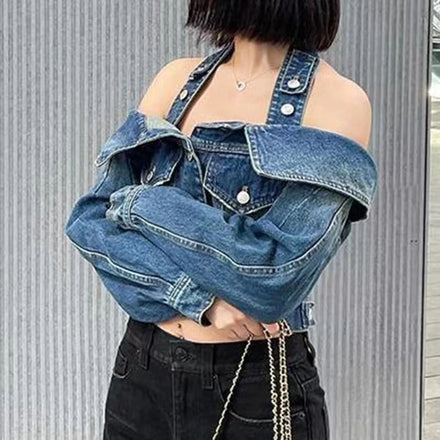 Korean Version Retro off Shoulder Design Denim Jacket Women's Light Mature Long Sleeved Casual Jacket Spring Autumn New Styles