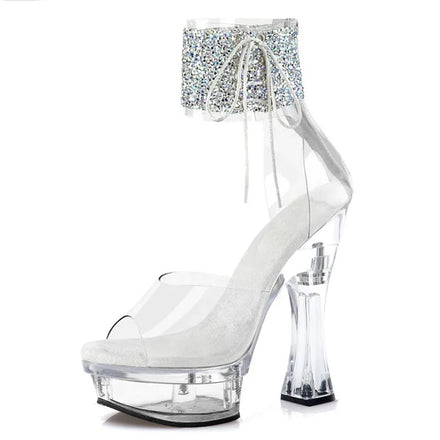 14cm Bling Sequin Strip Pole Dance Transparent Peep Toe 5Inch Nightclub Bride Coarse Heel Sexy Fetish Platform Elegant LadyDress