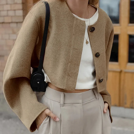 Enyami Winter Maillard Classic Basic Woollen Coats Long Sleeves Cropped Coat Button up Collarless Elegant Jackets Women