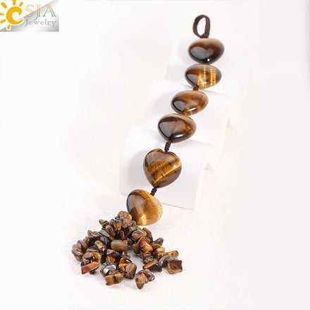 CSJA Cheap Natural Healing Stones Tumbled Gemstone Tiger Eye Heart Crystals Car Pendant Hanging Ornament for Window Home Decor