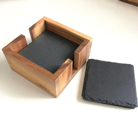 Small Wholesale Order 10x10cm Slate Coasters with Bamboo Box Holder Slate Coasters Sets with Wooden Box