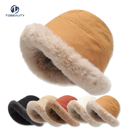 Women Winter Furry Rolled Brim Faux Fur Cloche Hat With Fleece Lining Custom Retro Delta Raspberry Cap Plush Fur Bucket Hat