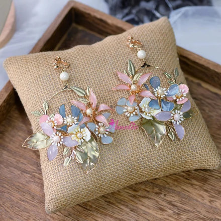 Handmade Vintage Clip-On Earrings Stunning Pink and Blue Floral & Leaf Pearl Bridal Flower Jewelry for Women