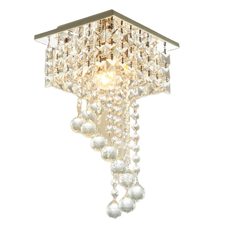 Modern Mini Square Crystal Chandelier Small Flush Mount Ceiling Light Fixture E26 Stainless Steel for Hallway Dining Room