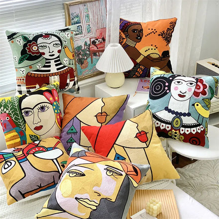 Amity Hot Selling Abstract Art Oil Painting Embroidered Cushion Cover Living Room Embroidered Pillow Cover