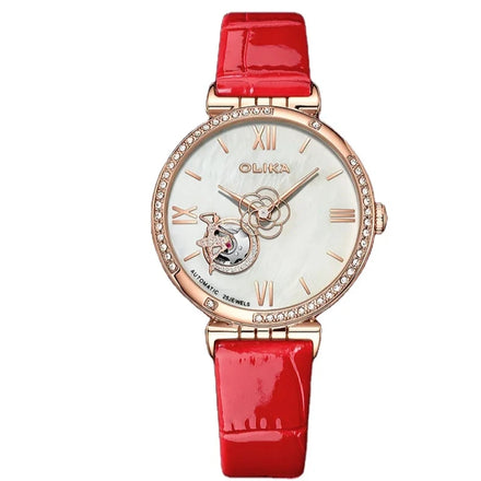 New Fashion Ladies Automatic Mechanical Watch 33mm Dial studded Diamond Waterproof Leather Band 18mm Width Alloy Case Pointer