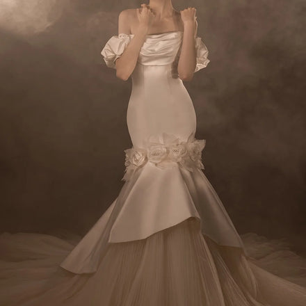 Jancember LSMX053 Glossy Satin Flower Off Shoulder Bridal Women's Mermaid Wedding Dresses for Girls