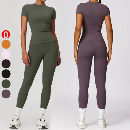 Custom Breathable Sportswear Woman Short Sleeve T-shirt Slim Fit Yoga Set Fitness High Quality Sexy Women Two Piece Leggings Set