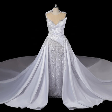 Jancember LSDZ95 Luxury Sleeveless Sequins Beaded Women's Mermaid Wedding Dresses With Long Tail