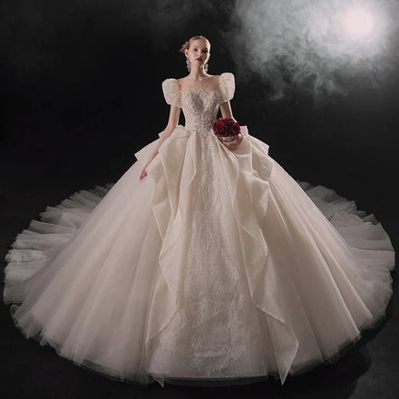 Jancember LSMX058 Embroidery Lace Puff Sleeve Bridal Ball Gown Women's Wedding Dresses