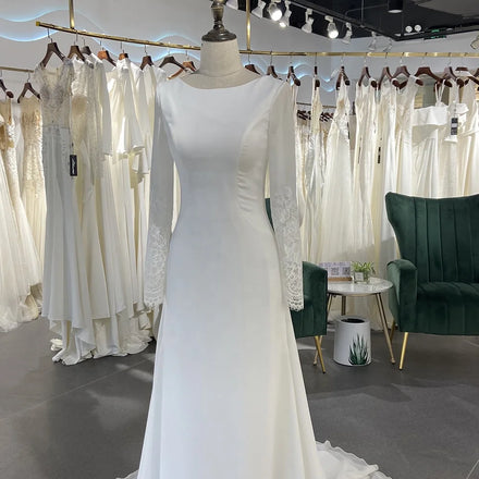 Jancember LSSG016 Elegant Muslim Satin Long Sleeve Mermaid Wedding Dresses