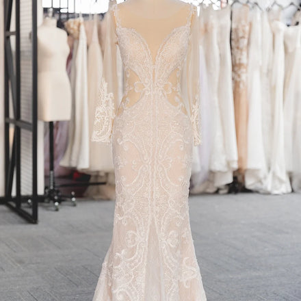 Jancember LSSG040 Illusion Long Sleeve Bridal Wedding Gowns Dresses Mermaids