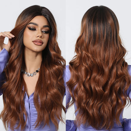 Front Lace Ombre Hairline Lace Synthetic Wigs Long Curly Red Brown Copper Wigs for Women Heat Resistant Cosplay Daily Use Hair